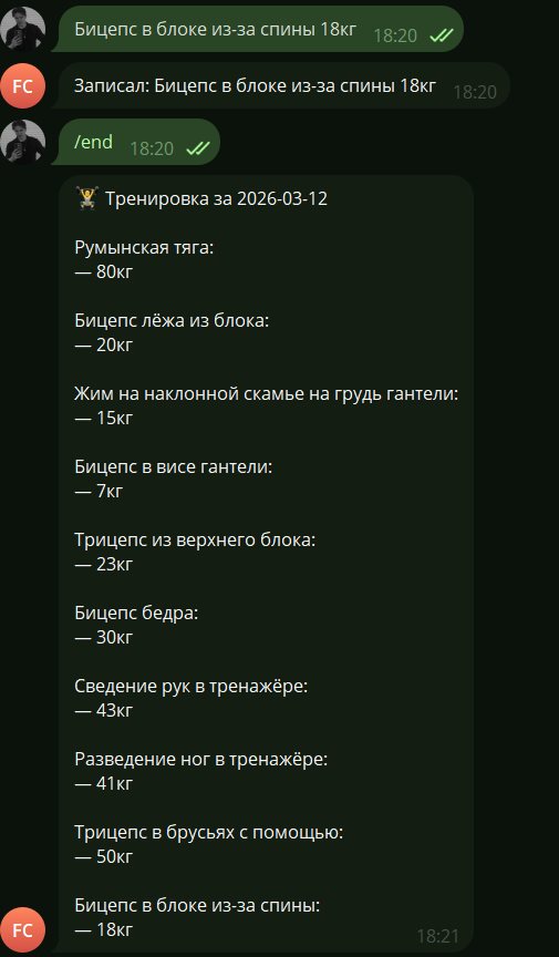 Запись упражнения текстом и итог тренировки по команде /end