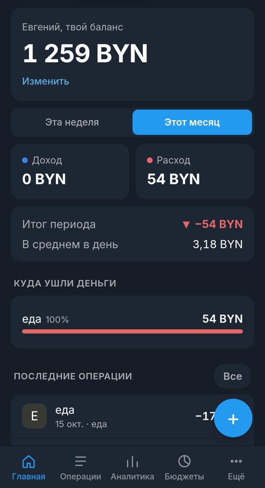Главный экран Mini App MaMoney: баланс 1 259 BYN, доход и расход за месяц, разбивка по категориям