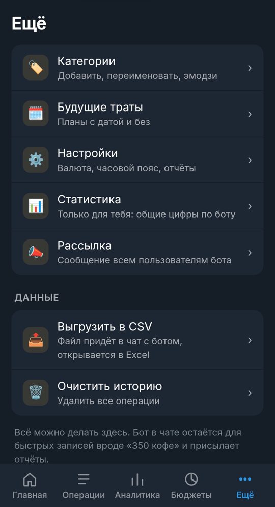 Раздел «Ещё» в Mini App MaMoney: категории, будущие траты, настройки, статистика, рассылка, выгрузка в CSV
